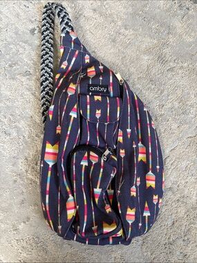 Navy Arrow-Print Sling Bag with Braided Strap